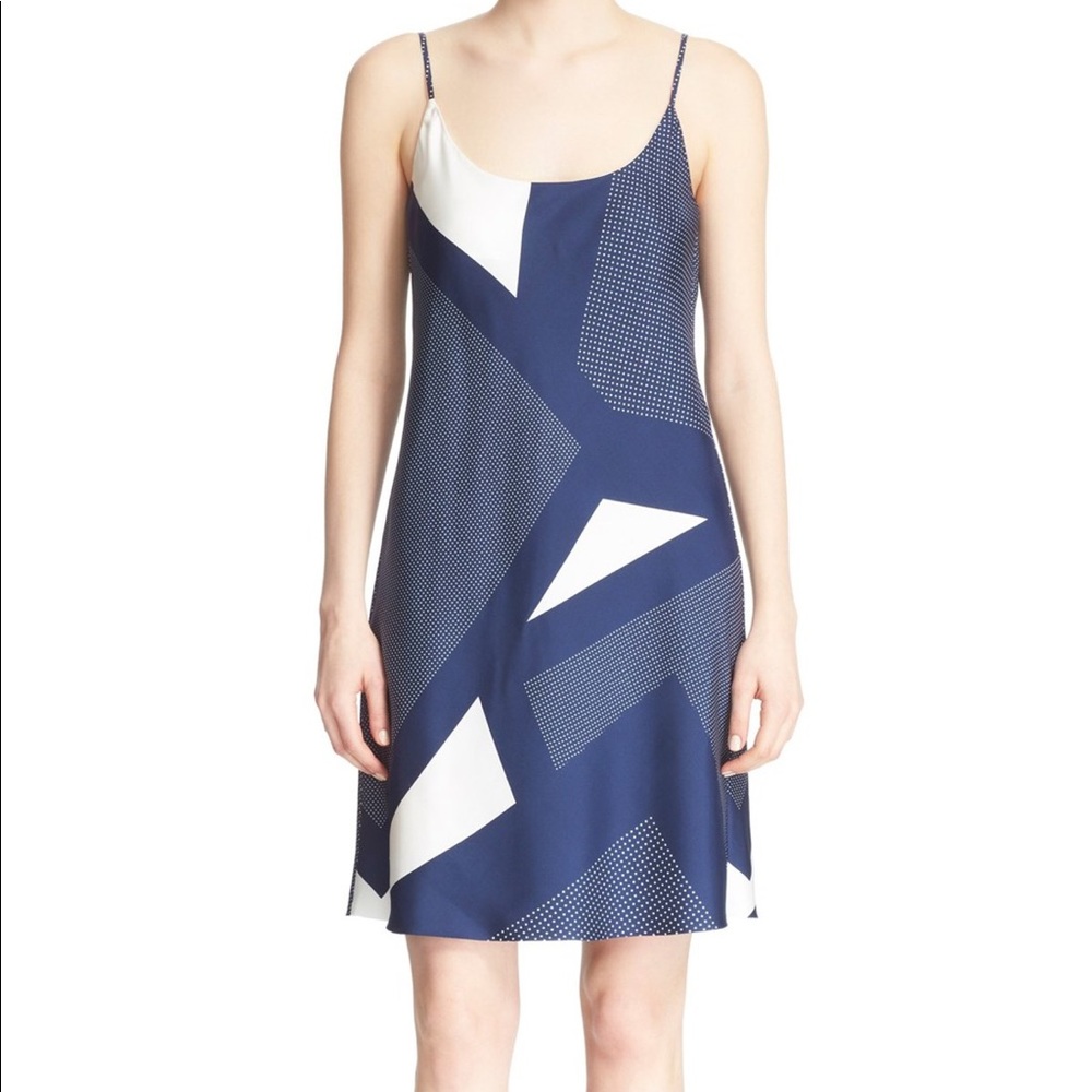 Equipment bias Prue blue and white silk slip dress